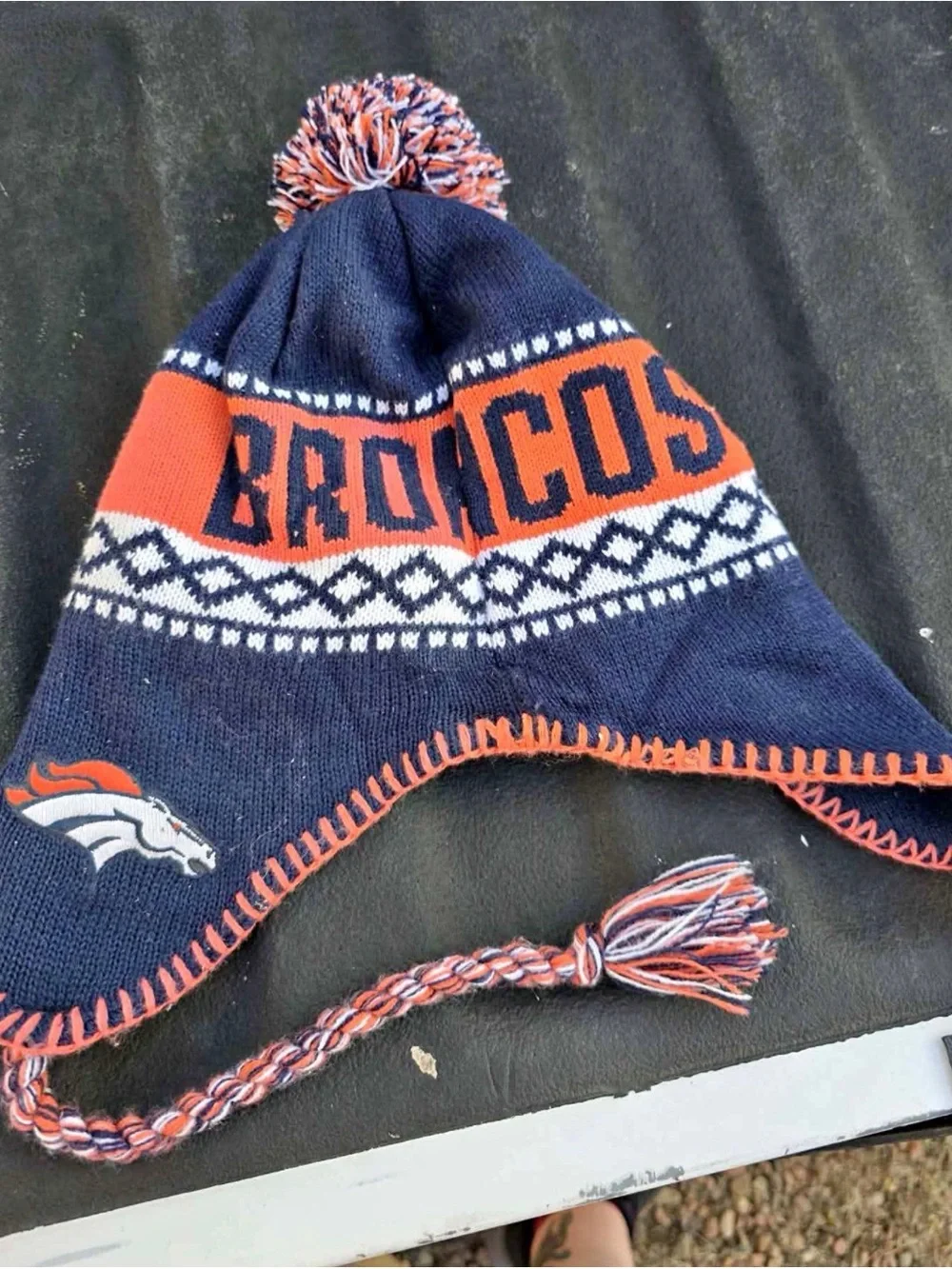 Denver Broncos NFL Knit Pom Beanie Hat Ear Flaps Tassels Navy Orange